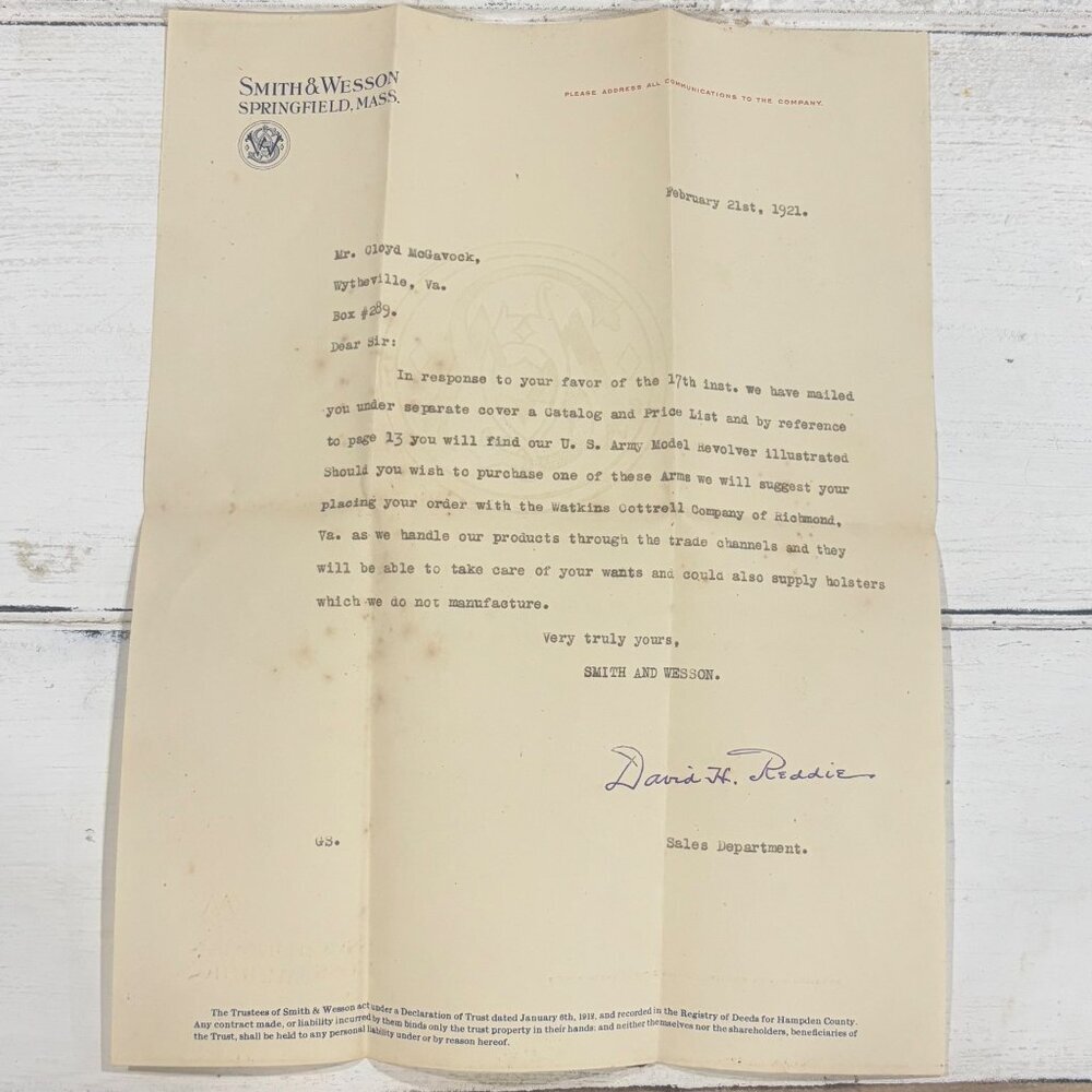 Antique Smith & Wesson Letter Signed Correspondence Ephemera 1921 David H Reddie